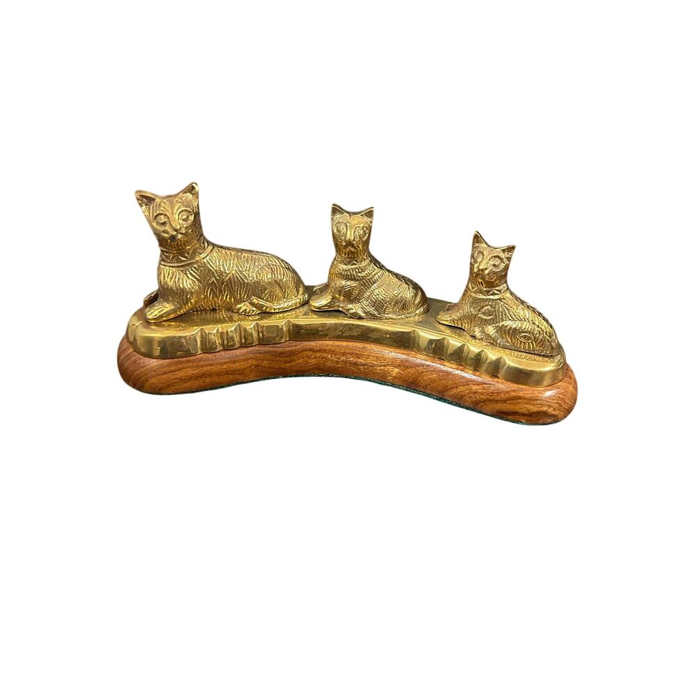Vintage Three Brass Egyptian Cats On A Wood Base Figurine Made In India